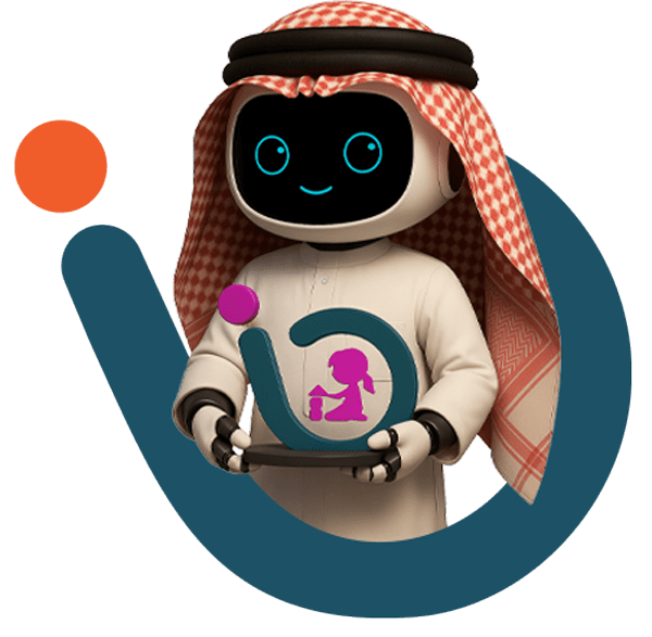 AI robot in traditional Saudi dress showcasing Mazaya Rawdah nursery management system