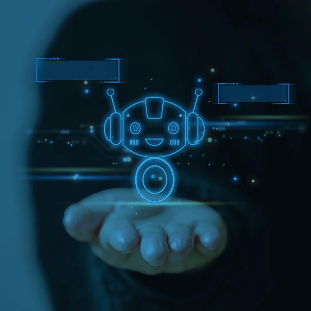 A hand holding digital chatbots icons with 