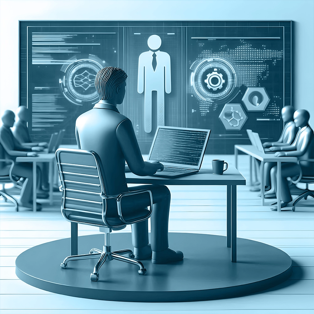 Employee joining training session on a laptop with colleagues participating on laptops nearby.