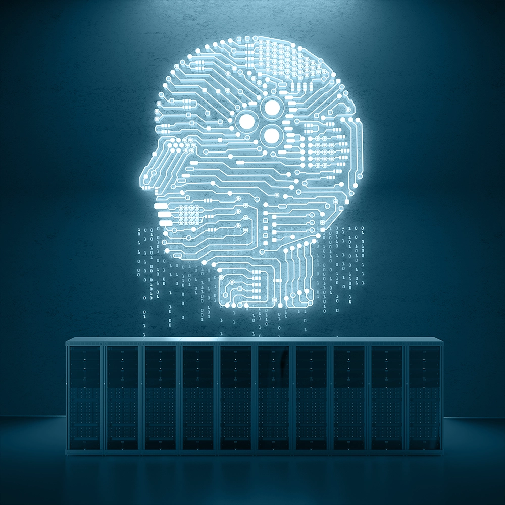 Cyber security company servers with digital head for advanced monitoring.