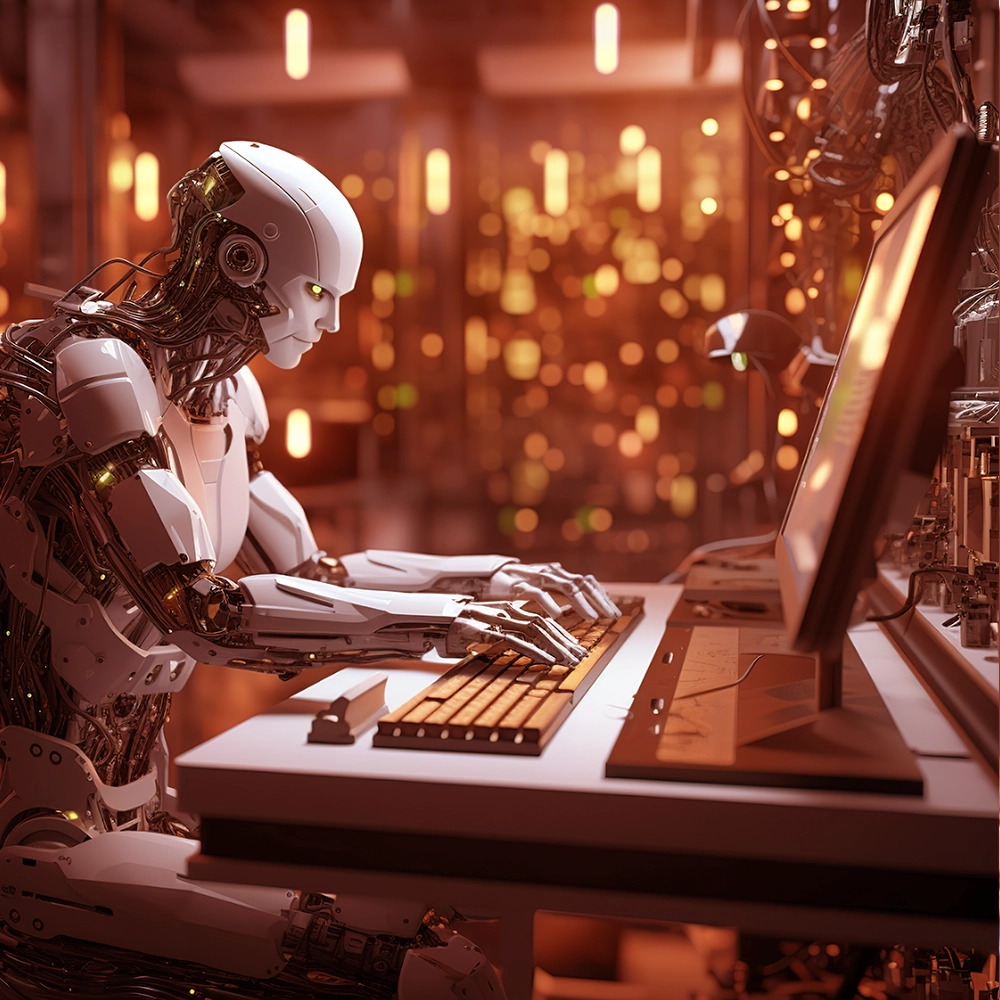 Robot sitting and working on a laptop, representing AI-powered automation and smart digital operations.