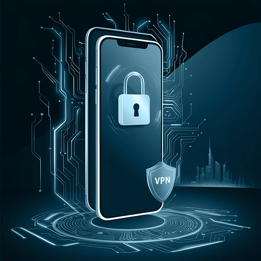 Cyber security company mobile device in network with padlock for protection.