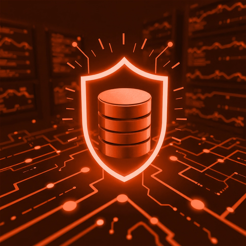 Cyber security company network with shield icon for data loss prevention.