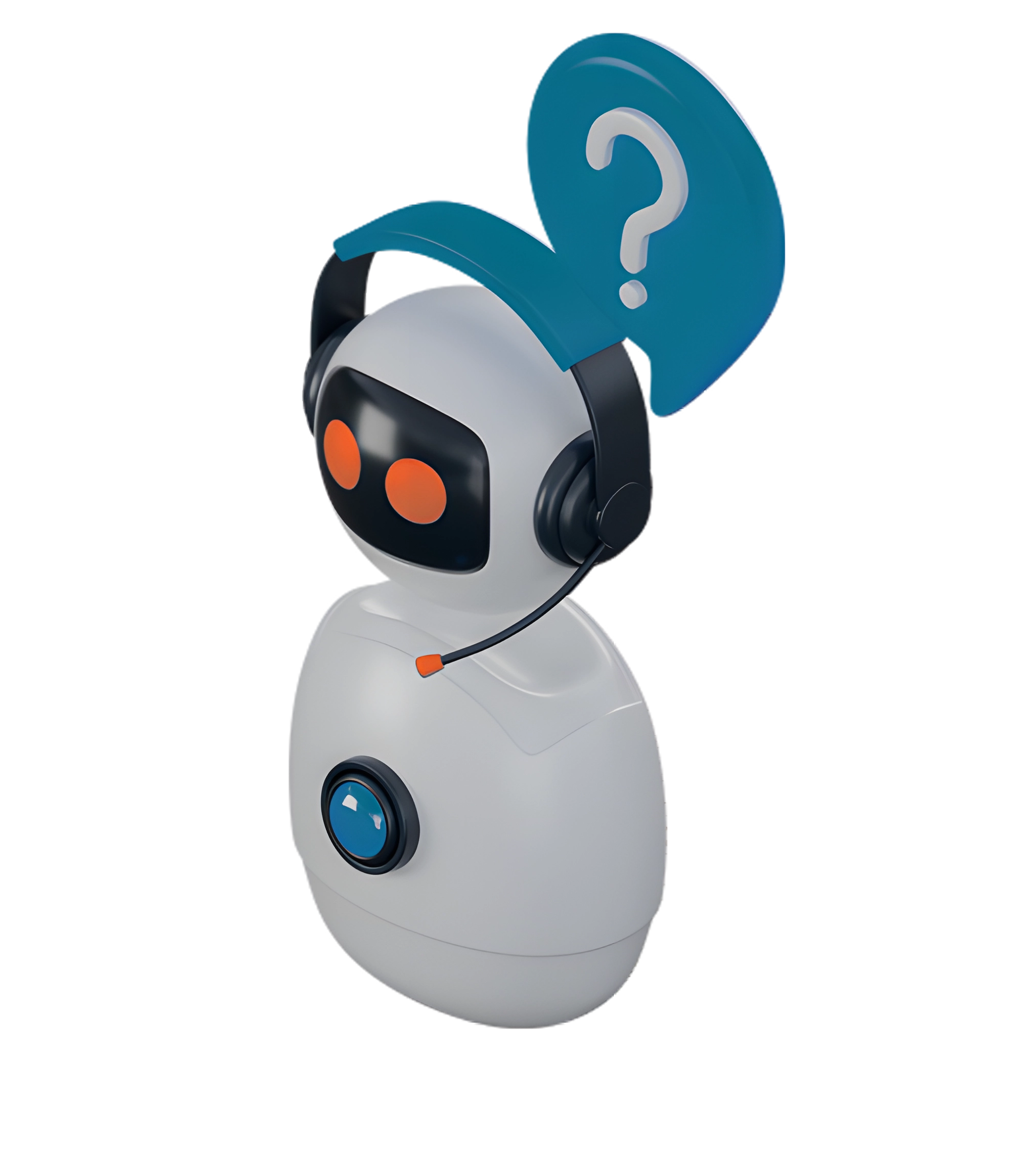 A robot wearing headphones answers people, with a question mark above, symbolizing automation.