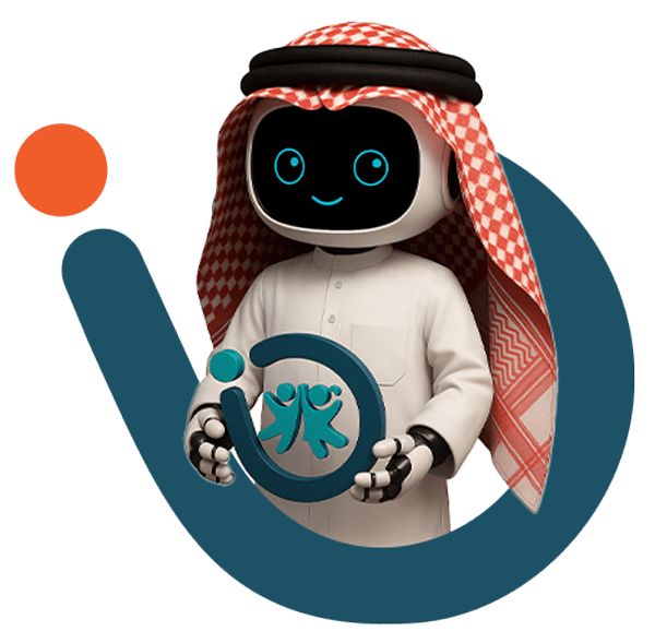 A Gulf robot wearing traditional attire holding the Mazaya Schoolna management school system logo